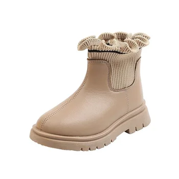 2021 г. Зимни обувки за момичета Ботуши с ЦИП Обикновен с Волани и Кръг Пръсти Модни Сладки Лаконичен Топли Ботуши на нисък ток без шипове