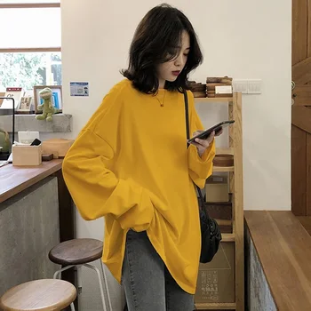 Demisezonnyj Обикновена Прости Големи Тениска Harajuku Дълга Тениска За Жени Kawaii Тениски За жени 90 s Бял Жълт Блузи С Дълъг Ръкав