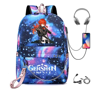 Genshin Strike Раница с USB Порт за Зареждане на Diona Cosplay Чанта за Книги за Училищните Момчета И Момичета Hu Tao Подарък Чанта Mochila