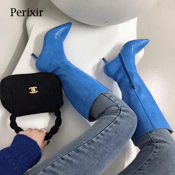 Perixir/ женски текстурирани обувки с змеиным Принтом, бели, с остри пръсти, до коляното, с Нови Модни Универсални Тънки 2021, Нови Модни Дълги ботуши