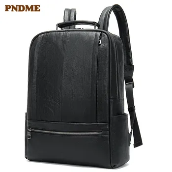 PNDME случайни черен мъжки раница от естествена кожа с високо качество телешка кожа, градинска голямата голям пътна чанта за лаптоп, чанта за книги