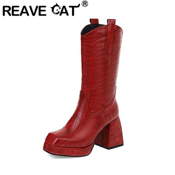 REAVE CAT/Популярни Дамски обувки до средата на прасците с квадратни пръсти на масивна токчета, без връзване, Шарени, Големи Размери 35-43, Черен, Червен, кафяв, кратки S2650