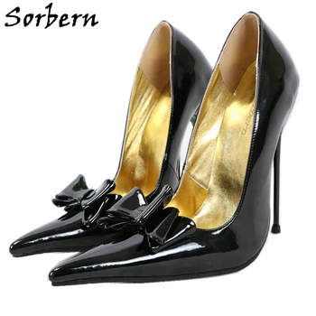 Sorbern/Червени Блестящи женски обувки-лодка на стомана ток 14 см, 16 см, 18 см, с лък, с остри пръсти, без шнур, Вечерни обувки, дамски Размери 33-52, Унисекс обувки