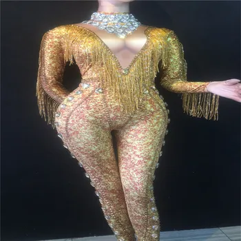 W53 Секси дамски етап танцови костюми със златни пискюли, гащеризон с дълъг ръкав, чорапогащник с кристали, чорапогащници с 3d принтом, сиамски облекло, пробиване