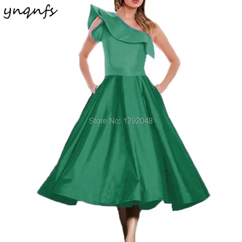 YNQNFS M153 Винтажное Бална рокля с волани от тафта с едно рамо с Дължина до чай, Зелени вечерни рокли за майката на Булката, Вечерна Рокля 2019