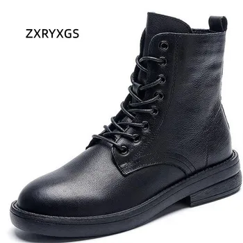 ZXRYXGS/обувки от естествена кожа, дантела и цип; сезон есен-зима; обувки Martin; цвят Черен; Новост 2023 г. в британския стил; дамски обувки-тръби; Tide