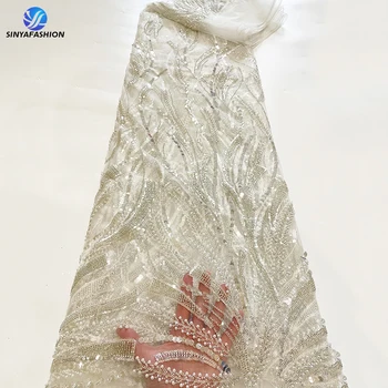 Булчински Сватбена Бяла Луксозна Лейси Плат, ръчно изработени Beaded с Лъскави пайети и Бродерии-Големият Френски Перли рокля Материали за рокли 110