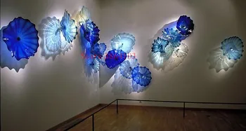 Висококачествени Стенни Осветление От Синьо Витражного Стъкло В Стил Chihuly, Хотелска Галерия, Чинии От Стъкло Мурано