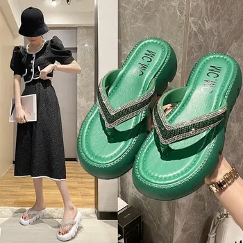 Дамски чехли с кръгло бомбе и кристали за външно носене, 2022 летни нови стилни дамски сандали с дебела подметка с обрязан пръсти