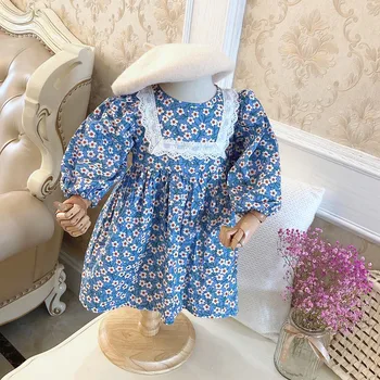 Есен 2021, корея, бебешки дрехи за малките момичета, френски синьо квадратен яка, дантелено рокля с цепка във формата на цвете и мехура рокля с Дълги ръкави