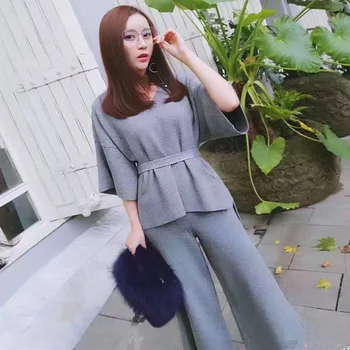 Жена пуловер, пролетно-летен комплект, нови модни свободни широки панталони големи размери, вязаный комплект от две части от ледената коприна