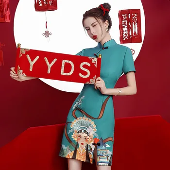 За Жени Китайски Стил Реколта Чубрица Традиционните Опера Печат Рокля Нова, Модерна Harajuku Мода Подобряване На Тънък Qipao