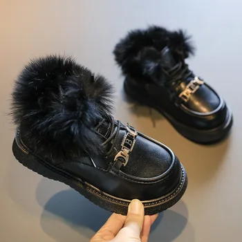 Зимни кожени обувки за момичета, 2022 г., Зимни зимни обувки за момчета с веригата, Детски Модни корейски Плюшени Обувки, Нескользящая Еластична лента, Унисекс