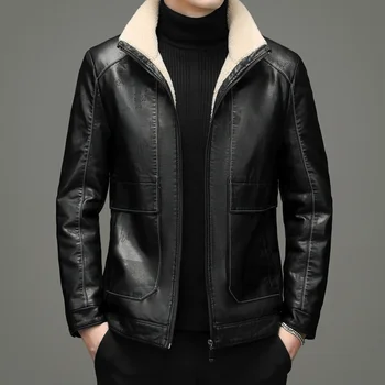 Зимно мъжко палто от изкуствена кожа, интегрирано с пух, с ревери, утолщенное топло кожени палта