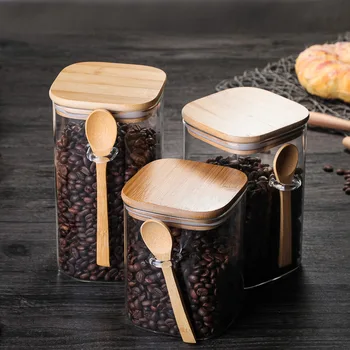 Кухненски кутия за съхранение обем 800-1200 ml, с помощта на прозрачна стъклена херметически затворени буркани за кафе на зърна с лъжица и бамбук капак