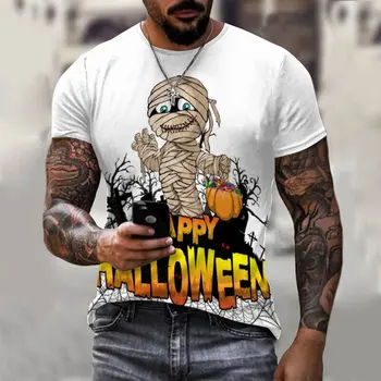 Мъжка тениска унисекс с 3D принтом, обикновена забавна тениска с графичен принтом Кръгъл отвор на Хелоуин, Щастлив Хелоуин, дрехи с къси ръкави
