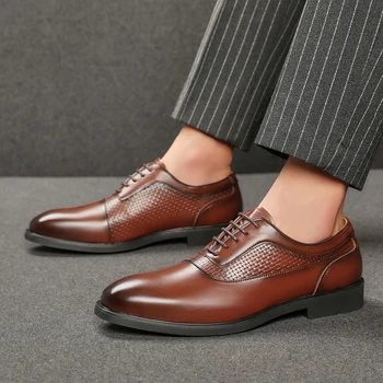 Мъжки сватбени обувки кожени Oxfords дантела с остър бомбе, мъжки обувки-дербито с перфорации тип 