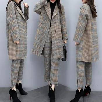 Нови дамски зимни Панталони-двойка, Вълна палто в Клетката Голям Размер, Широки Панталони, Всекидневни Модерен Костюм, женски Тенденция