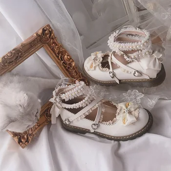 Оригинални обувки в стила Лолита, обувки и интериор в японски стил дантела с кръгла пръсти, красиви дантелени обувки в стил Лолита