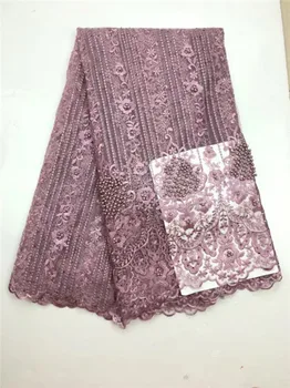 Последният стил, дизайн с африкански дантелени платове с мъниста за сватбена рокля на френската окото лейси плат Вино-червен розов