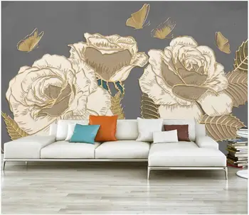 Потребителски снимки на 3d тапети Ръчно рисувани роза пеперуда златни релефни линии хол 3d стенописи тапети за стени d 3