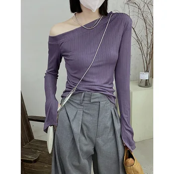Пролет-есен Нова дамски Нерегулярная дизайнерски лъскава тениска с открити рамене и цепки, Однотонная Тениска с дълъг ръкав, дамски Дрехи