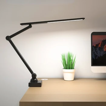 Светодиодна настолна лампа със скоба, Лампа за четене, с регулируема яркост, за да се грижа за очите, Завъртане лампа с 3 цветови режими, Настолна лампа със скоба за USB Лампа дневна светлина