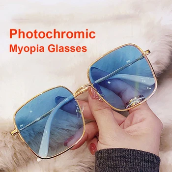 Фотохромичните Очила за Късогледство с Анти-Синя светлина, Женски, Украсена с Диаманти, Големи Квадратни Очила с защита от uv, Готови Очила със степен на 0 ~ -600