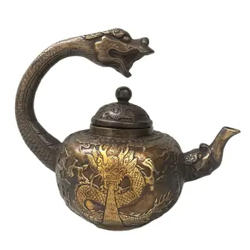 Художествена колекция от Антични, Китайски Старинен Бронзов Гърне с Дракон, ръчно изработени/Декоративен чайник, Дължина 18 см, височина 15 см