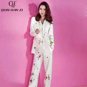 Цян Хан Zi, Пролетта и есента Дизайнерски Офис Модерен Бял Костюм с Принтом, Женски ежедневното палто с дълги ръкави + широки панталони, костюми-двойка