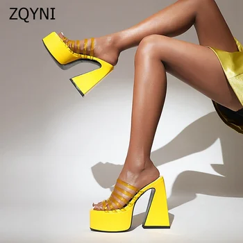 Летни нови дамски сандали-гладиатори за почивка, чубрица обувки на висок ток с дебела подметка жълто, червено и бяло, вечерни обувки на много големи 35-46
