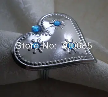 оптовое пръстен за салфетки метално сърце със син кристал, държач за кърпички