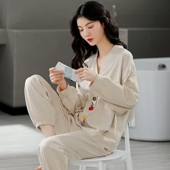 Пижами, дамски пролетно-есенен костюм с дълъг ръкав, могат да се носят навън, корейски жилетка с V-образно деколте, памучен домашно облекло, комплект от две части